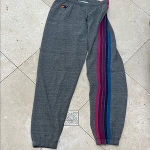 Aviator Nation Gray Track Joggers with Pink Purple and Blue Side Stripes